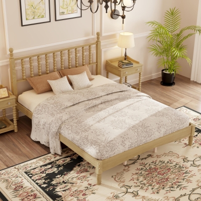 Queen Size Wood Platform Bed with Retro Gourd-Shaped Headboard, Solid Bed Frame for Eclectic Bedrooms, 84.5'' L x 63.5'' W x 45'' H, Natural