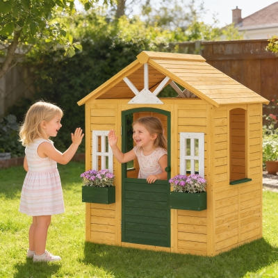 Qaba Outdoor Playhouse, Wooden Kids Playhouse with Door, 3 Windows, 2 Flower Boxes for Garden, Indoor Playroom, Ages 3–8