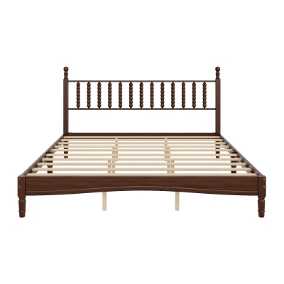 King-Size Wood Platform Bed with Gourd-Shaped Headboard, Sturdy Wooden Frame for Classic or Eclectic Interior, 84.5'' L x 79'' W x 45'' H, Walnut