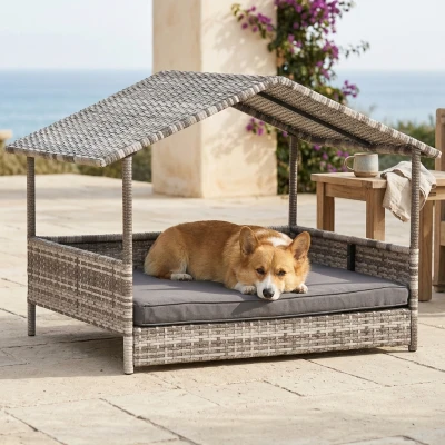 PawHut Elevated Wicker Dog House with Removable Cushion, Gray