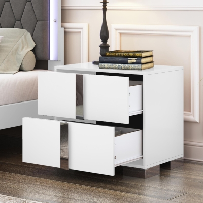 Space-Saving Nightstand with Mirrored Accents and Metal Legs, Elegant Bedside Storage for Compact Apartments, 23.5'' L x 15.5'' W x 21.5'' H, White