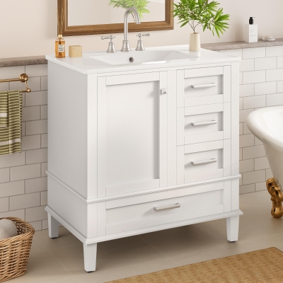 Solid Bathroom Vanity with Single Sink & Built-In Door Shelves, Free-Standing Cabinet with Partitioned Drawer, 30'' L x 18.5'' W x 34'' H, Black