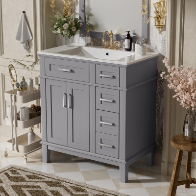 Free-Standing Bathroom Vanity with Ceramic Undermount/Drop-In Sink, Modern Storage Cabinet for Small Condos, 30'' L x 18'' W x 34'' H, Grey