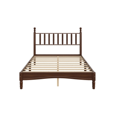 Full Size Wood Platform Bed with Retro Gourd-Shaped Headboard & Wooden Slat, Solid Bed Frame for Eclectic Decors, 79'' L x 57'' W x 45'' H, Walnut
