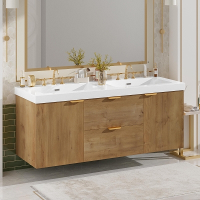 Double Sink Bathroom Vanity with Integrated SMC Top, Wall-Mounted Floating Cabinet for 2 People, 59.5'' L x 20'' W x 25.5'' H, Wood