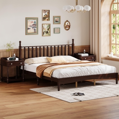 King-Size Wood Platform Bed with Gourd-Shaped Headboard, Sturdy Wooden Frame for Classic or Eclectic Interior, 84.5'' L x 79'' W x 45'' H, Walnut
