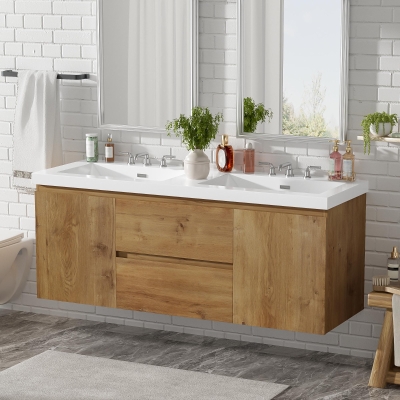 Double Sink Bathroom Vanity with Spacious Under-Sink Storage, Wall-Mounted Floating Cabinet with SMC Top, 59.5'' L x 20'' W x 25.5'' H, Wood