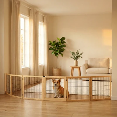 PawHut 6-Panel Folding Pet Gate, Natural Wood Barrier
