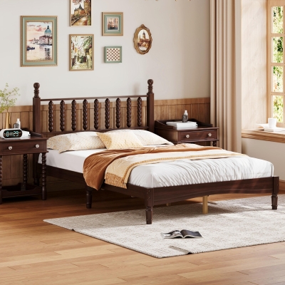 Full Size Wood Platform Bed with Retro Gourd-Shaped Headboard & Wooden Slat, Solid Bed Frame for Eclectic Decors, 79'' L x 57'' W x 45'' H, Walnut