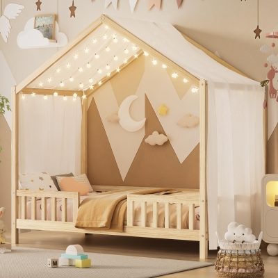 Twin House-Style Toddler Bed with Full Guardrails and DIY Canopy Frame, Montessori Floor Bed with Canopy, 78.5'' L x 41.5'' W x 78'' H, Natural