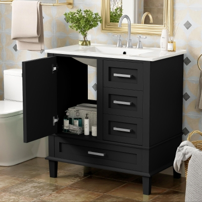 Modern Bathroom Vanity Sink Combo with Solid Wood Frame, Free-Standing Cabinet for Contemporary Bathrooms, 30'' L x 18.5'' W x 34'' H, Black