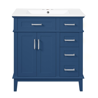 Free-Standing Bathroom Vanity with Ceramic Undermount/Drop-In Sink, Modern Storage Cabinet for Small Condos, 30'' L x 18'' W x 34'' H, Navy Blue