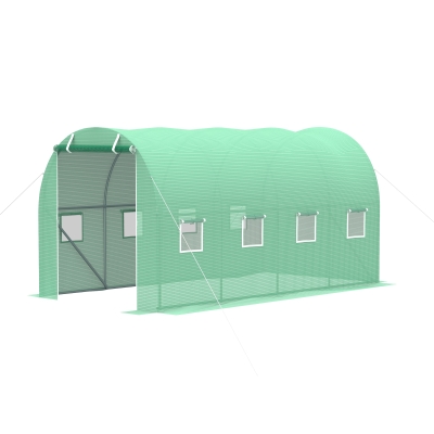 Outsunny 13' x 6.4' x 6.5' Walk-in Tunnel Greenhouse, Hoop House with Zipped Roll-Up Door and 8 Mesh Windows, Galvanised Steel Frame, Outdoor Greenhouse, Green