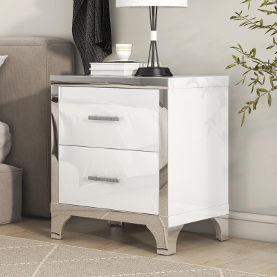 Elegant High-Gloss Nightstand with Metal Handles and Legs, Mirrored Bedside Table for Bedrooms or Apartments, 22.5'' L x 15.5'' W x 23.5'' H, White