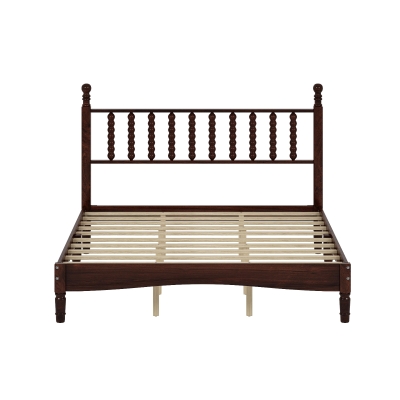 Queen Size Wooden Platform Bed with Gourd-Shaped Headboard, Retro-Inspired Bed Frame for Eclectic Décor, 84.5'' L x 63.5'' W x 45'' H, Walnut