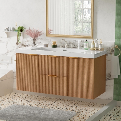 Single Sink Wall-Mounted Bathroom Vanity with SMC Top, Stylish Bathroom Cabinet with U-Shaped Drawers, 47'' L x 19.5'' W x 23.5'' H, Wood