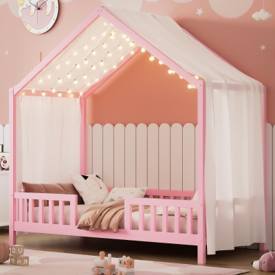 Twin-Size House-Style Toddler Bed Frame with 4-Sided High Railings, Montessori Floor Bed with Canopy, 78.5'' L x 41.5'' W x 78'' H, Pink