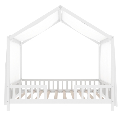 Twin House-Shaped Toddler Bed with 4 High Guard Railings & Roof Frame, Montessori Floor Bed with Canopy, 78.5'' L x 41.5'' W x 78'' H, White
