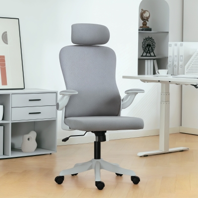 HOMCOM Ergonomic Office Chair, Swivel Desk Chair with Adjustable Lumbar Support, Headrest and Height, Flip-up Armrests, Grey