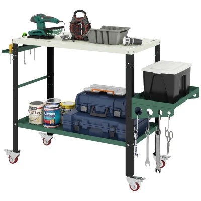 HOMCOM 2Tier Rolling Tool Cart with Wheels, Lockable Steel Heavy Duty Cart with Side Tray, Silver & Green