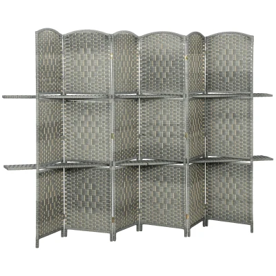 HOMCOM 6 FT Privacy Screen, 6 Panel Room Divider with Shelves for Living Room Bedroom Home Office, Grey