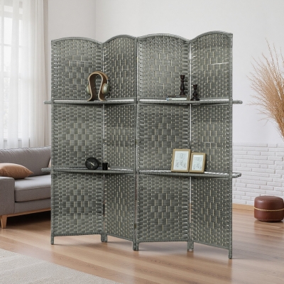 HOMCOM 6 FT Privacy Screen, 4 Panel Room Divider with Shelves for Living Room Bedroom Home Office, Grey