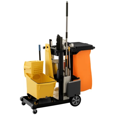 HOMCOM Commercial Janitorial Cart with 3 Tier Shelves, Cleaning Cart with Rubbish Bag and Mop Mount for Hotel Restaurant, Black