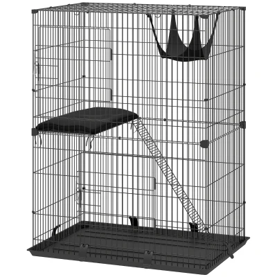 PawHut 2-Tier Cat Cage Indoor, Detachable Metal Wire Kennel with Hammock, Platform, Tray and Cushion for 1-2 Kittens