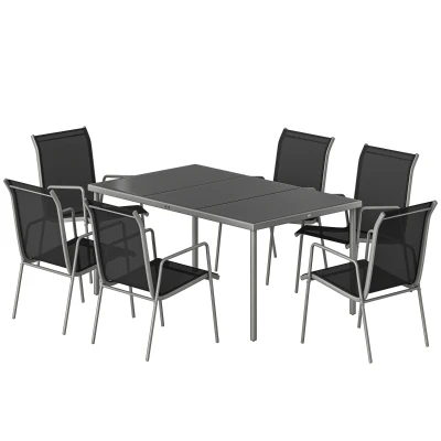 Outsunny 7 Piece Garden Dining Set, Garden Furniture Set with Rectangle Table and 6 Stackable Chairs