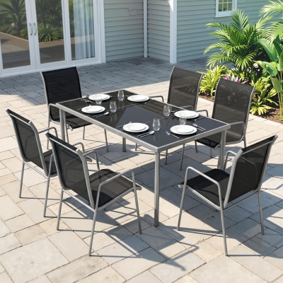 Outsunny 7 Piece Garden Dining Set, Garden Furniture Set with Rectangle Table and 6 Stackable Chairs