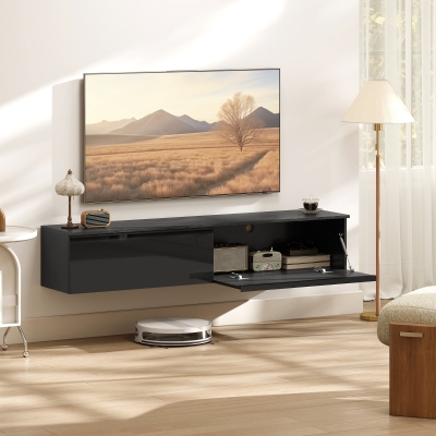 HOMCOM Wall Mounted TV Stand, Floating TV Cabinet with Storage, for TVs up to 70", High Gloss Effect, Black