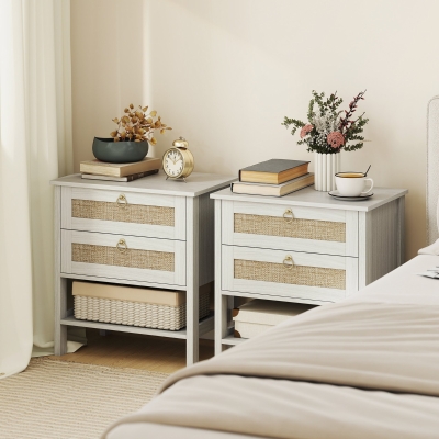 HOMCOM Set of 2 Boho Bedside Tables, Rattan Nightstands with 2 Drawers, Storage Shelf, End Side Tables for Bedroom, White Oak