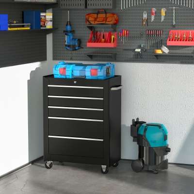 HOMCOM 5-Drawer Rolling Tool Cabinet on Wheels, Lockable Tool Chest, Tool Organizer for Garage, Factory and Workshop, Black