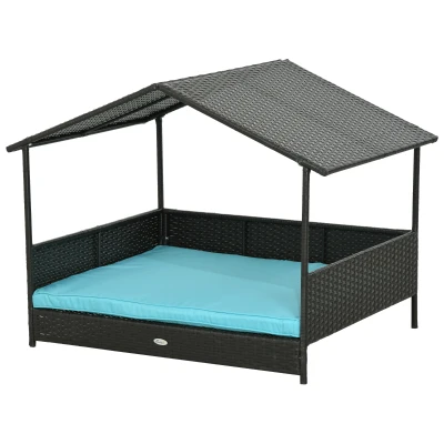 PawHut Rattan Dog House with Canopy, Wicker Dog Bed with Water-Resistant Cushion, for Small and Medium Breeds Blue