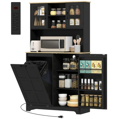 HOMCOM Kitchen Pantry Cabinet with Charging Station, 7 Gallon Trash Can Cabinet, Adjustable Shelves and Acrylic Doors, Black