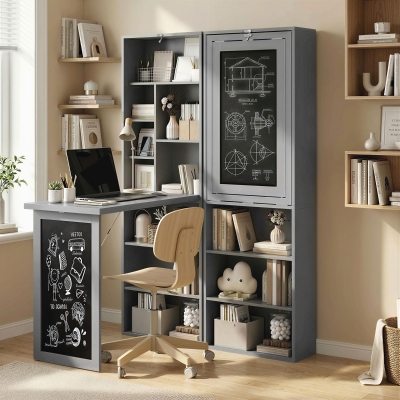 HOMCOM Fold-out Convertible Office Desk, Wall Mount Computer Desk with Blackboard and Side Shelf, Charcoal Grey