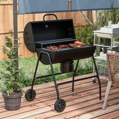 Outsunny Barrel Charcoal BBQ Smoker, Barbecue with 420 sq.in. Cooking Area, Wheels, Ash Catcher, Black
