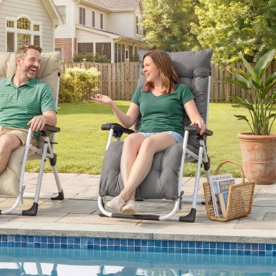 Outsunny Reclining Zero Gravity Chair with Adjustable Backrest, Folding Garden Sun Lounger, Outdoor Recliner with Removable Cushion and Headrest, Dark Grey