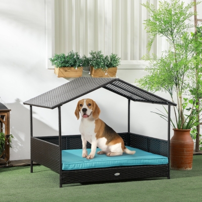 PawHut Rattan Dog House with Canopy, Wicker Dog Bed with Water-Resistant Cushion, for Small and Medium Breeds Blue
