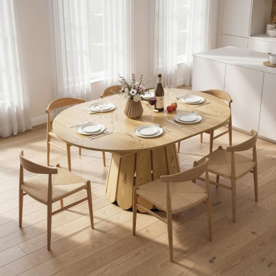 HOMCOM Extendable Dining Table, Round to Oval Convertible Kitchen Table with Storage Shelf for Dining Room, Natural
