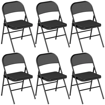 HOMCOM Set of 6 Metal Foldable Chairs, PU Leather Padded Folding Chairs with Cushion Seat and Open Back for Indoor, Black