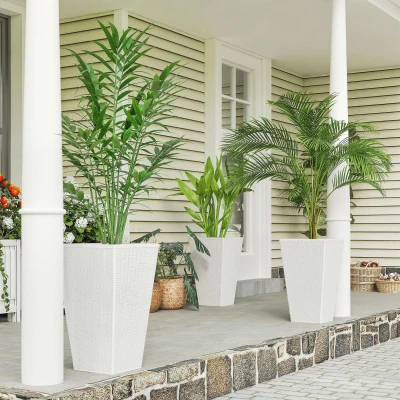 Outsunny 24" Tall Rattan Planters Set of 3 with Drainage, White