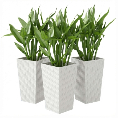 Outsunny 24" Tall Rattan Planters Set of 3 with Drainage, White