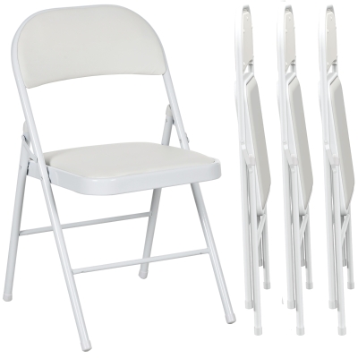 HOMCOM Set of 4 Metal Foldable Chairs, PU Leather Padded Folding Chairs with Cushion Seat and Open Back for Indoor, White