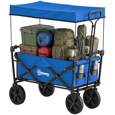 Outsunny Steel Frame Folding Garden Cart, Collapsible Wagon Cart with Removable Canopy, Telescopic Handle and Carrying Bag, Dark Blue