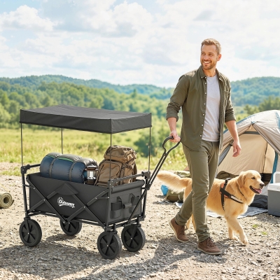 Outsunny Steel Frame Folding Garden Cart, Collapsible Wagon Cart with Removable Canopy, Telescopic Handle and Carrying Bag