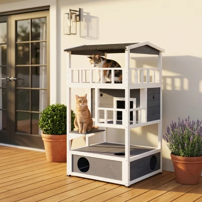 PawHut Wooden Outdoor Cat House, Gray Feral Cat Shelter