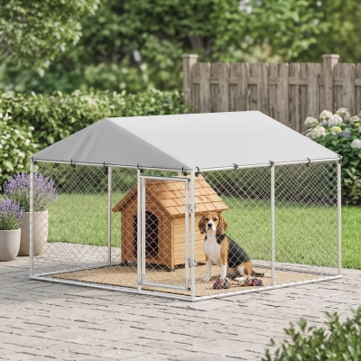 PawHut 7.5' x 7.5' x 5.6' Outdoor Dog Kennel Heavy Duty Galvanized Steel Chain Link with UV-resistant Roof, Silver