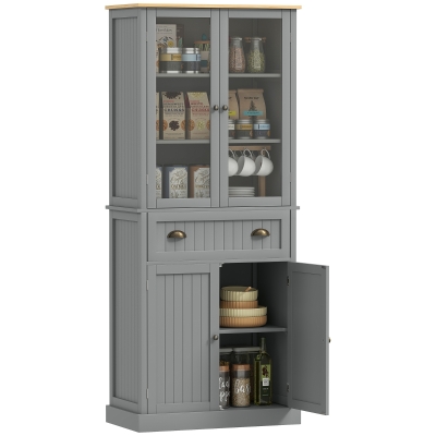 HOMCOM 72" Kitchen Pantry Cabinet with Glass Doors & Drawer, Grey