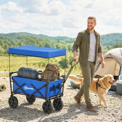 Outsunny Steel Frame Folding Garden Cart, Collapsible Wagon Cart with Removable Canopy, Telescopic Handle and Carrying Bag, Dark Blue